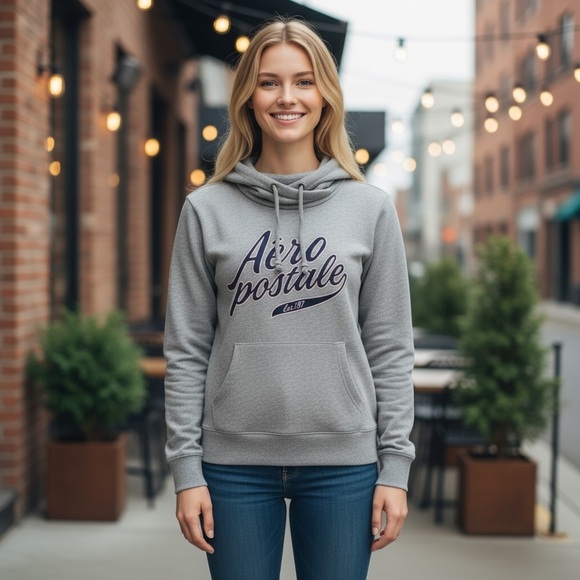 AEROPOSTALE L Gray Pullover Hoodie Navy Pink Cursive Logo Sweatshirt R $45 - Picture 1 of 7
